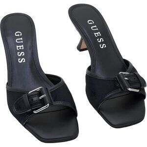 GUESS Dista Buckle Kitten Heel Mules Black Logo Women US 9M